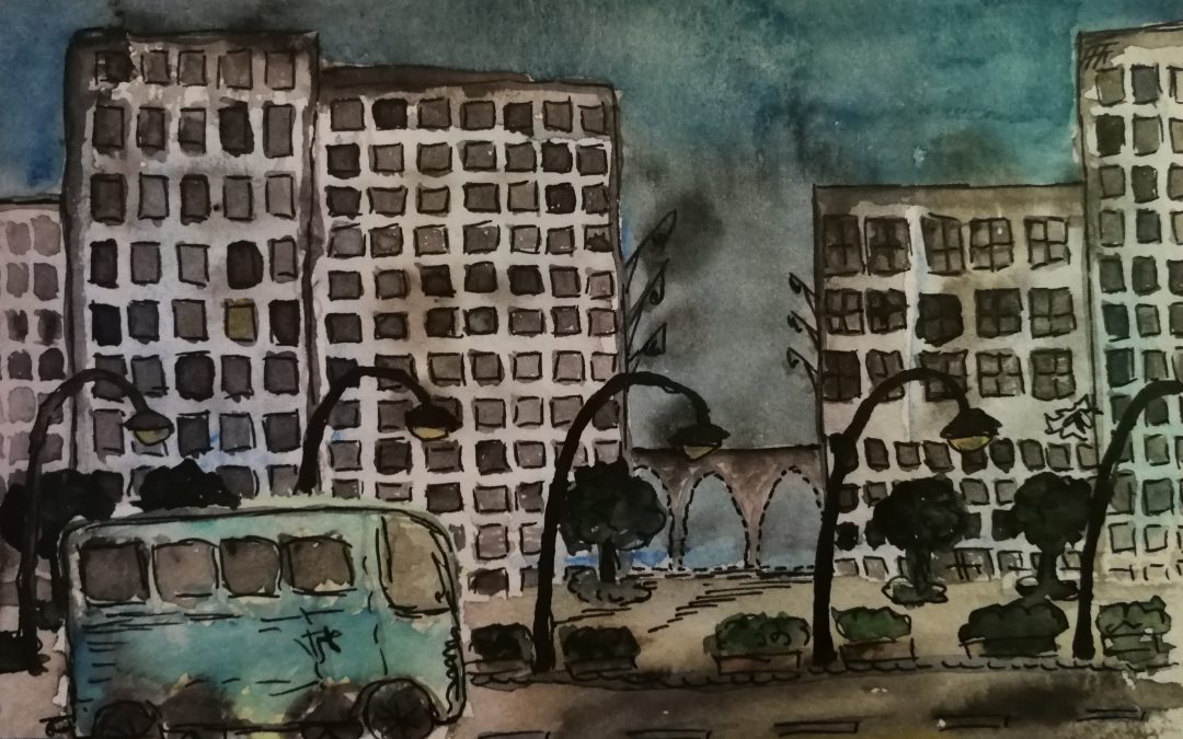 Hochhäuser in der Stadt, graue Töne in der Zeichnung